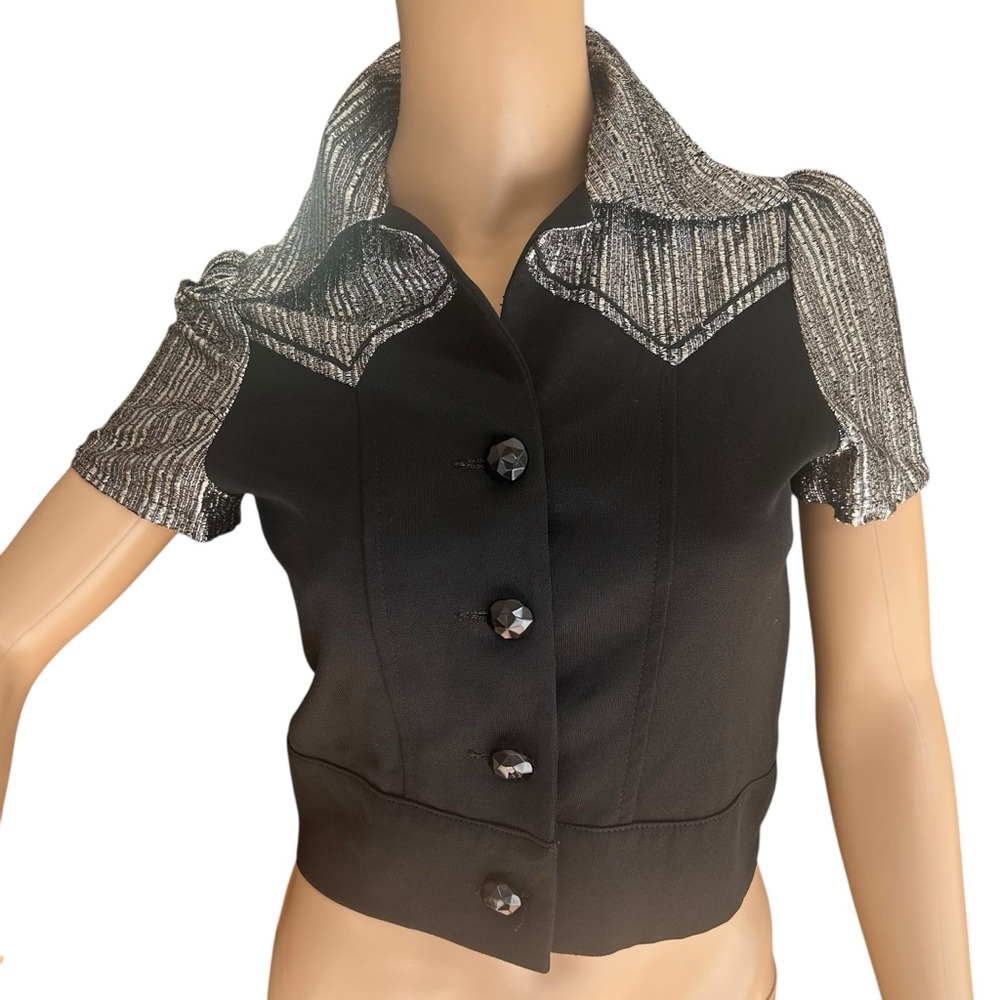 Vintage Patina Black Metallic Puff Sleeve Cropped Blouse Top Size Small
